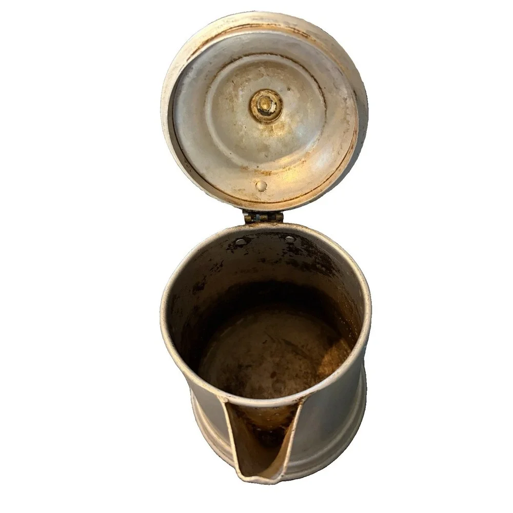 Vintage Aluminum Coffee Pot Hinged Lid Black Handle Strainer Spout Primitive